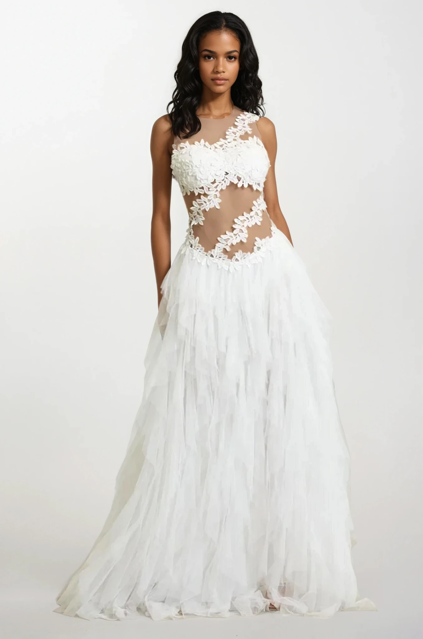 Aaliyah Invisible Vine Embroidered Tulle Dress White / Large