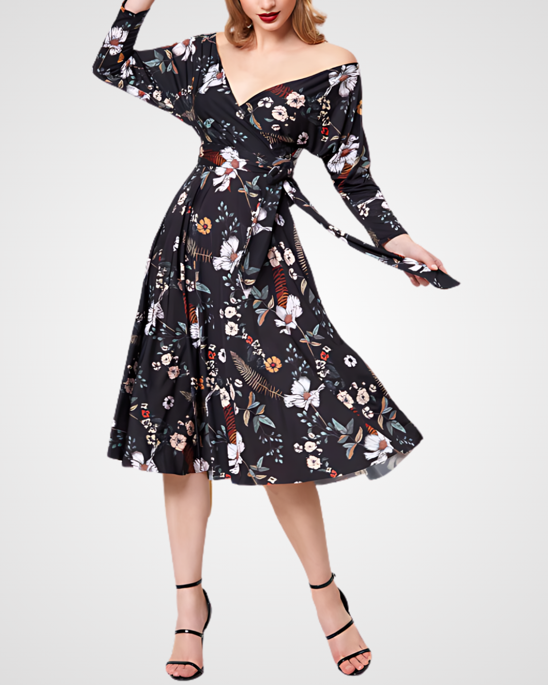 long sleeve floral skater dress Black Floral Skater Dress - Long Sleeve Dress - Mini Skater Dress