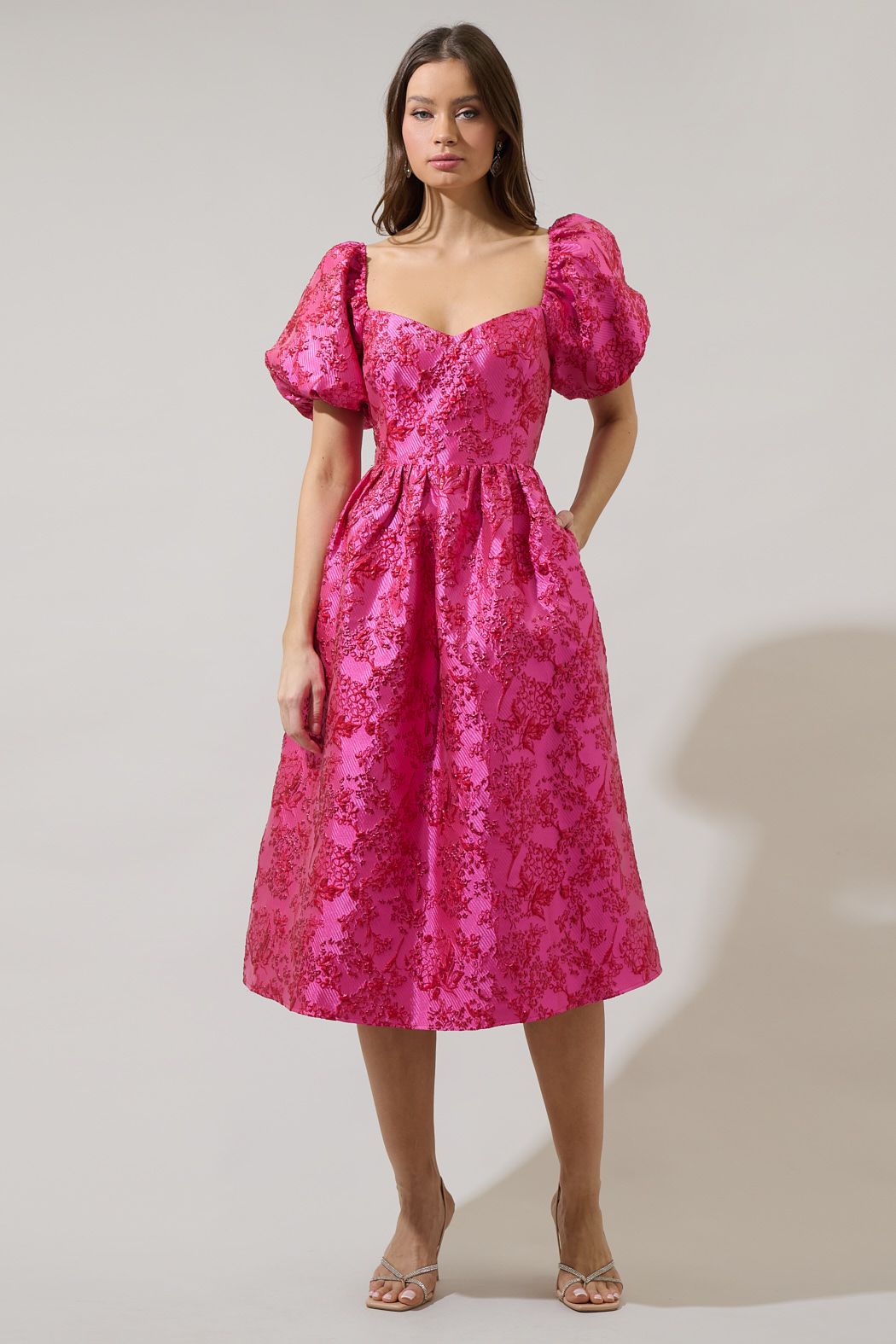 jacquard puff sleeve midi dress Zarah Jacquard Alessi Puff Sleeve Midi Dress GOLD / XS by Sugarlips