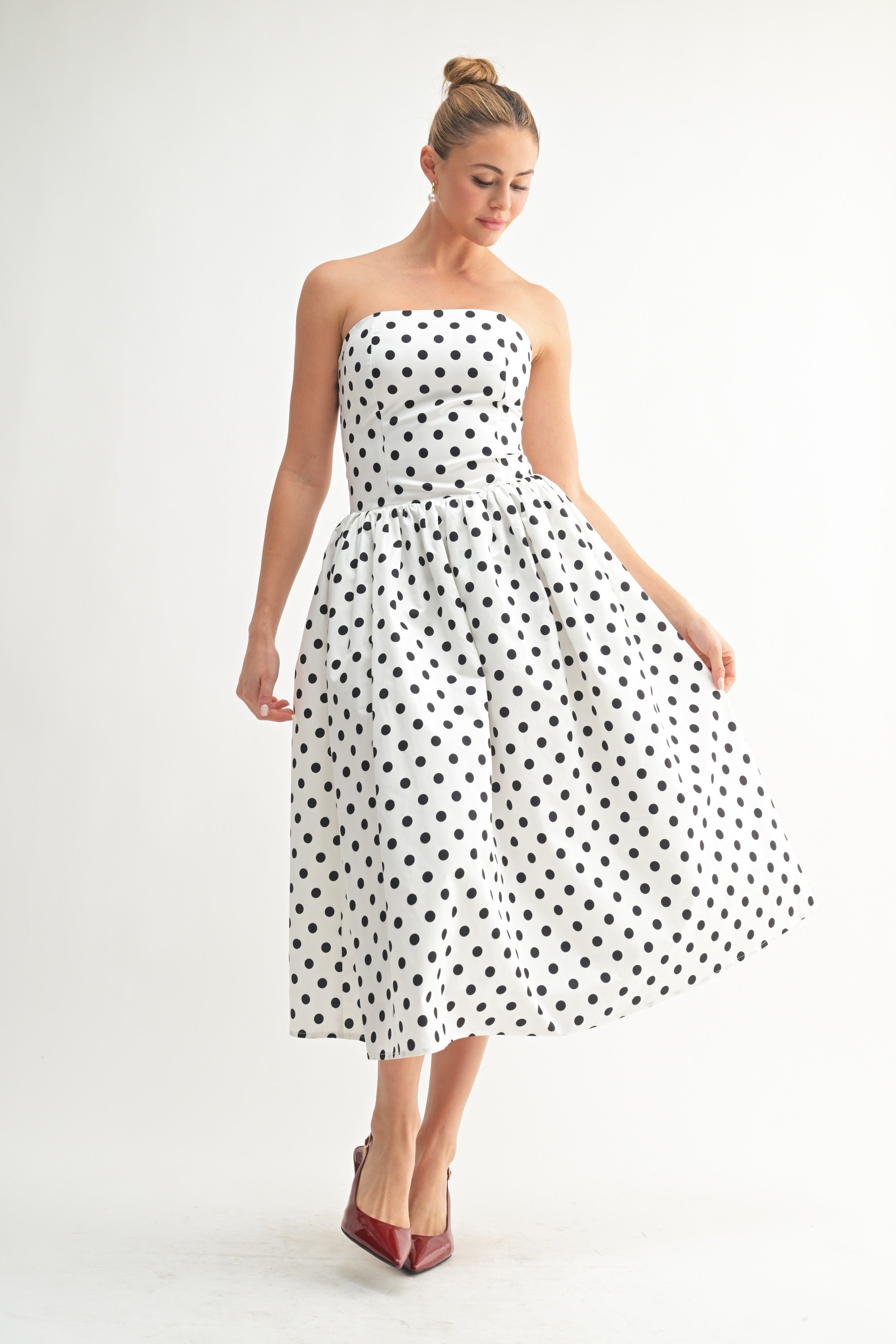 Mariel Polka Dot Strapless A-Line Flared Dress – AHZURI