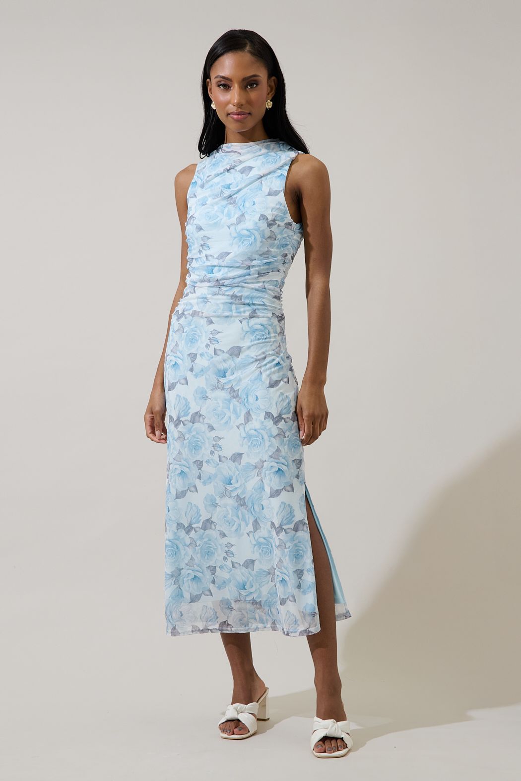 blue floral ruched midi dress Blue Floral Ruched Bodycon Midi Dress