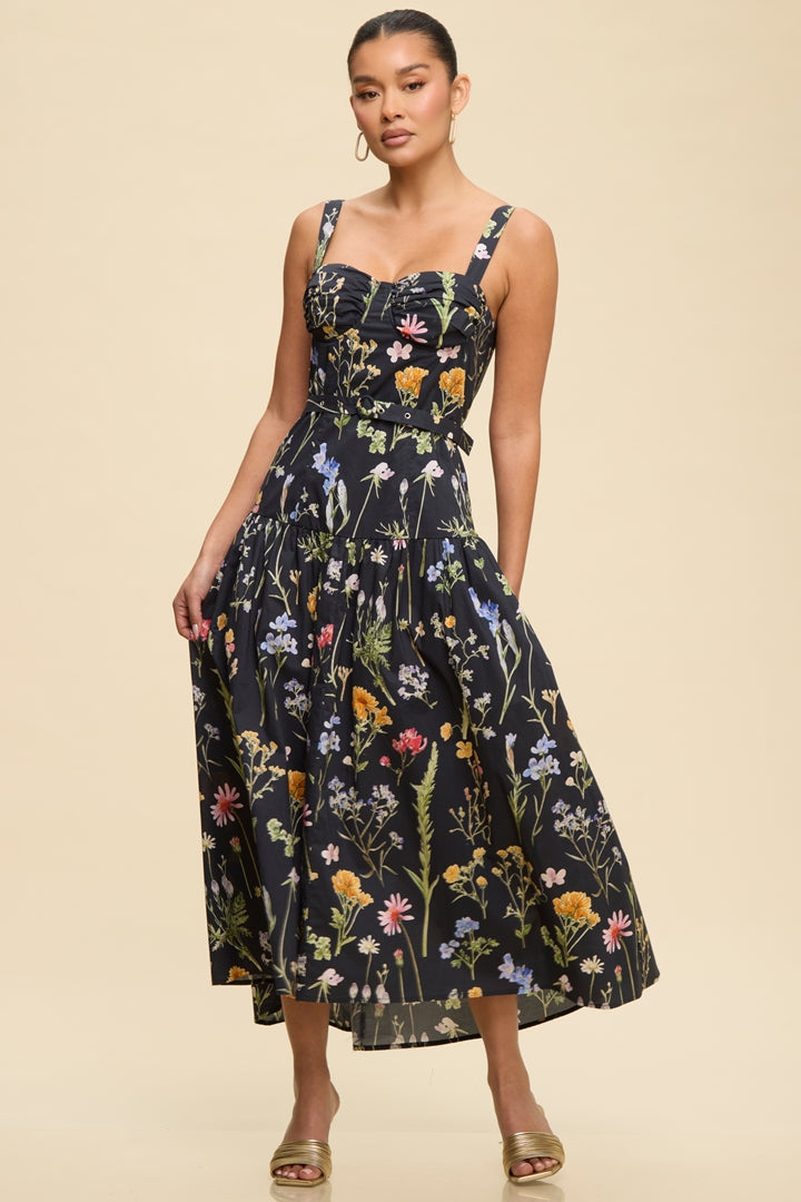 Nicola Garden Party Belted Midi Dress Black / Medium