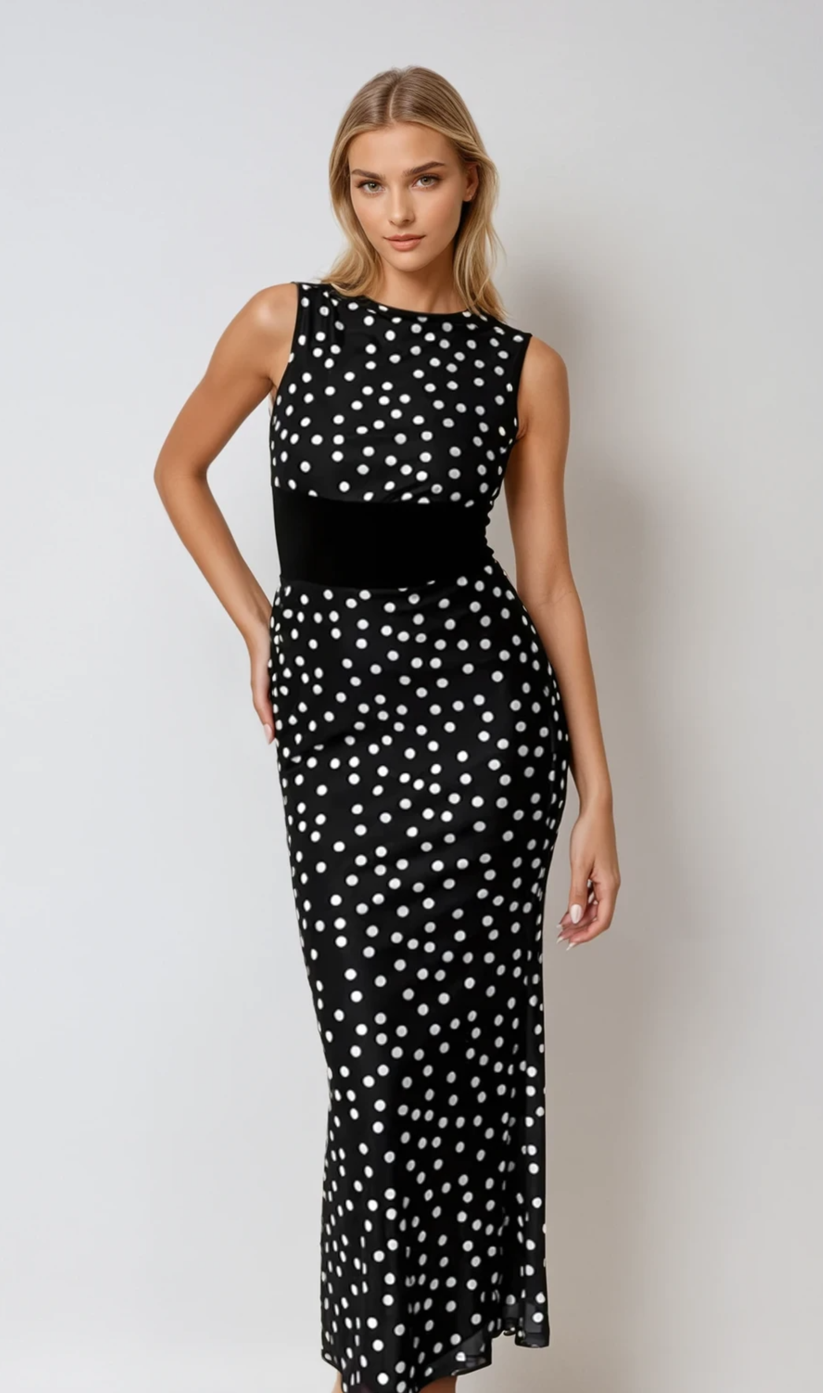 Rumi Sleeveless Polka Dot Maxi Dress Black