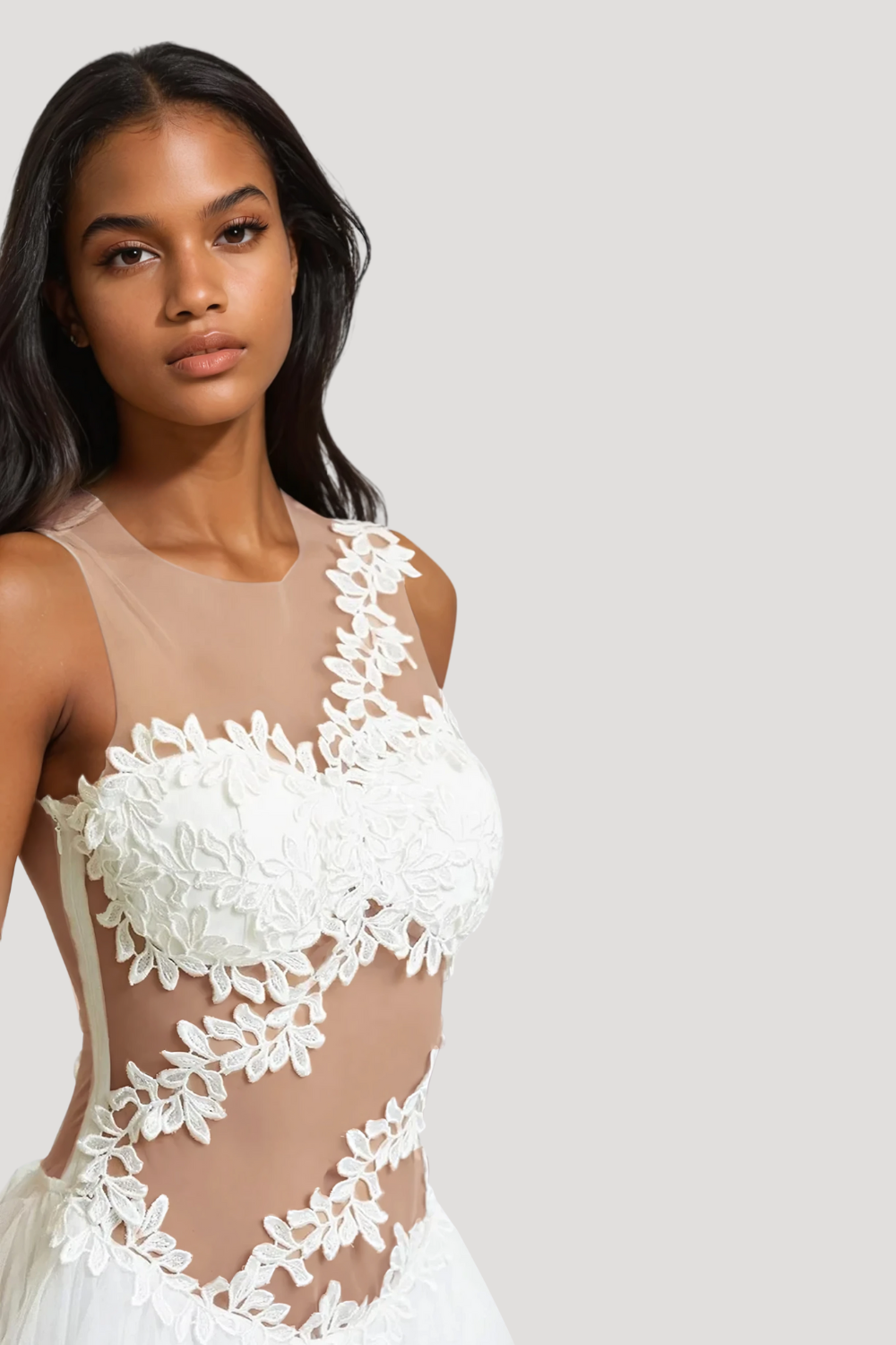 Aaliyah Invisible Vine Embroidered Tulle Dress White / Large Aaliyah Invisible Vine Embroidered Tulle Dress White / Large