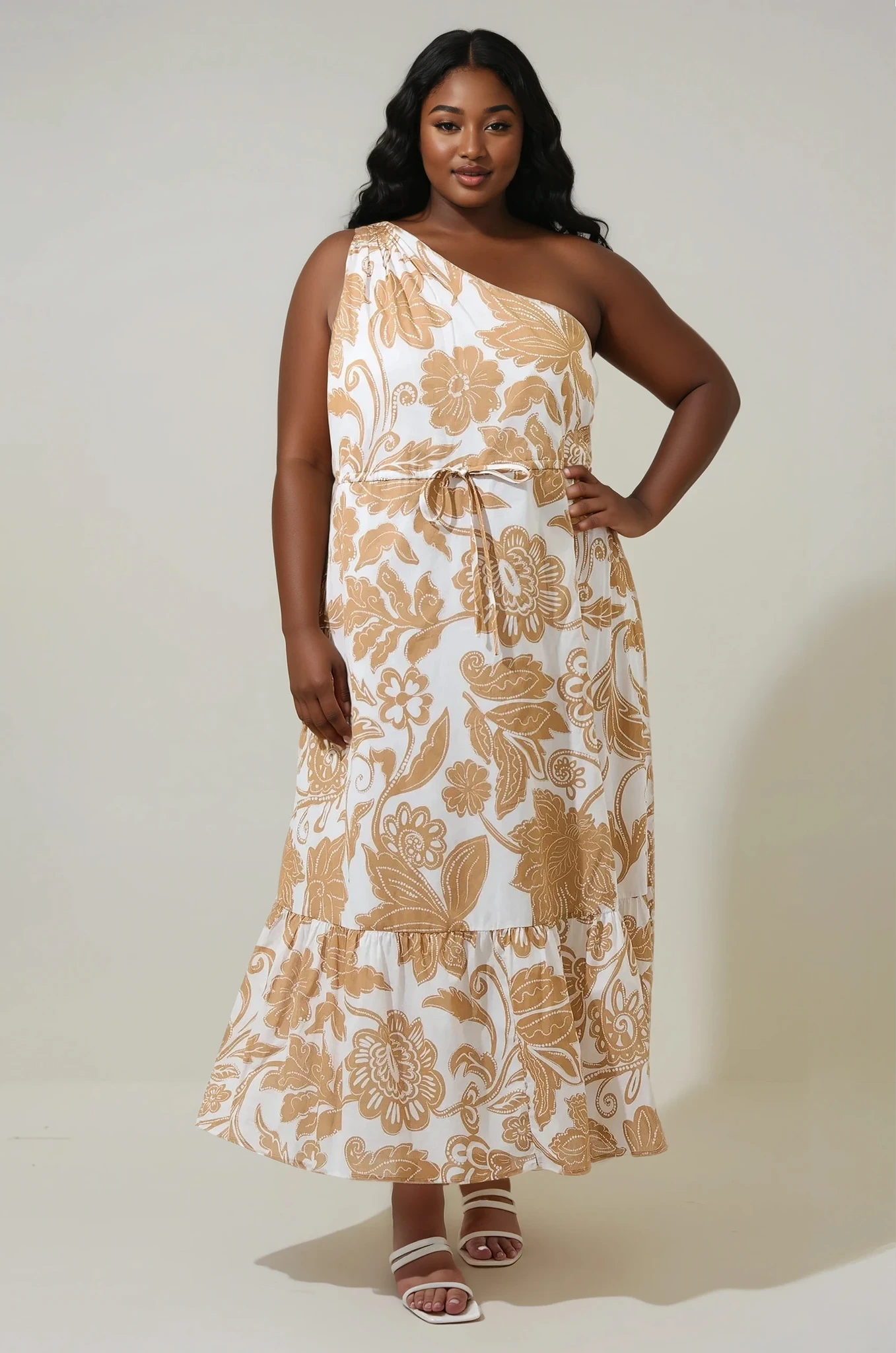 knee length dresses for ladies Alana One Shoulder Maxi Dress Curve White/Biscuit / X-Large