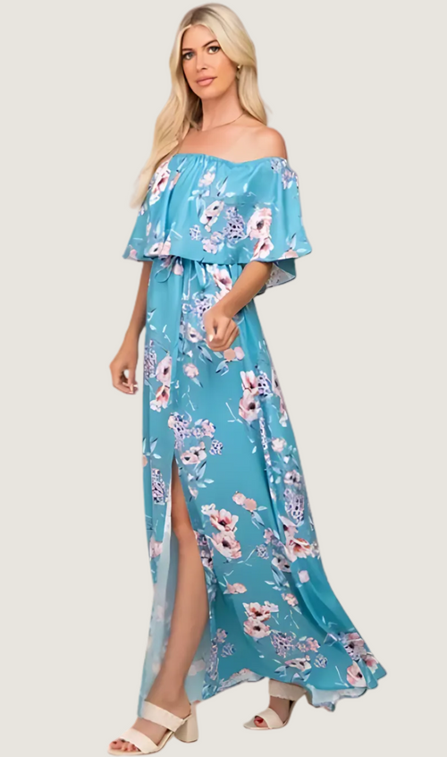 Alicia Floral Off-Shoulder Maxi Dress w/ Side Slit
