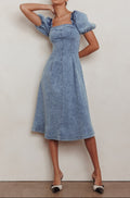puff sleeve midi denim dress