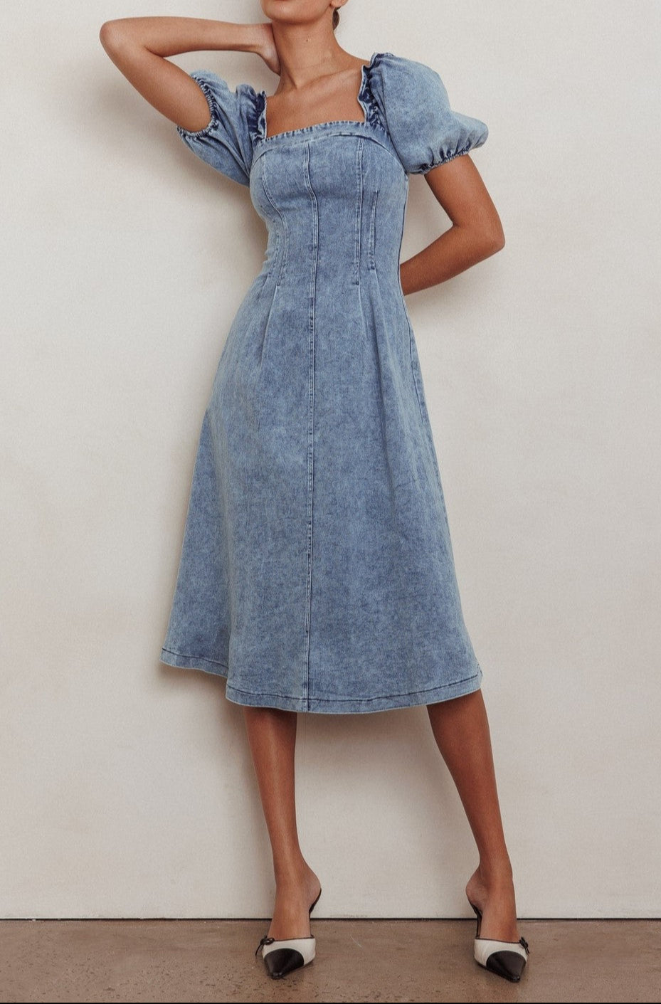 puff sleeve midi denim dress