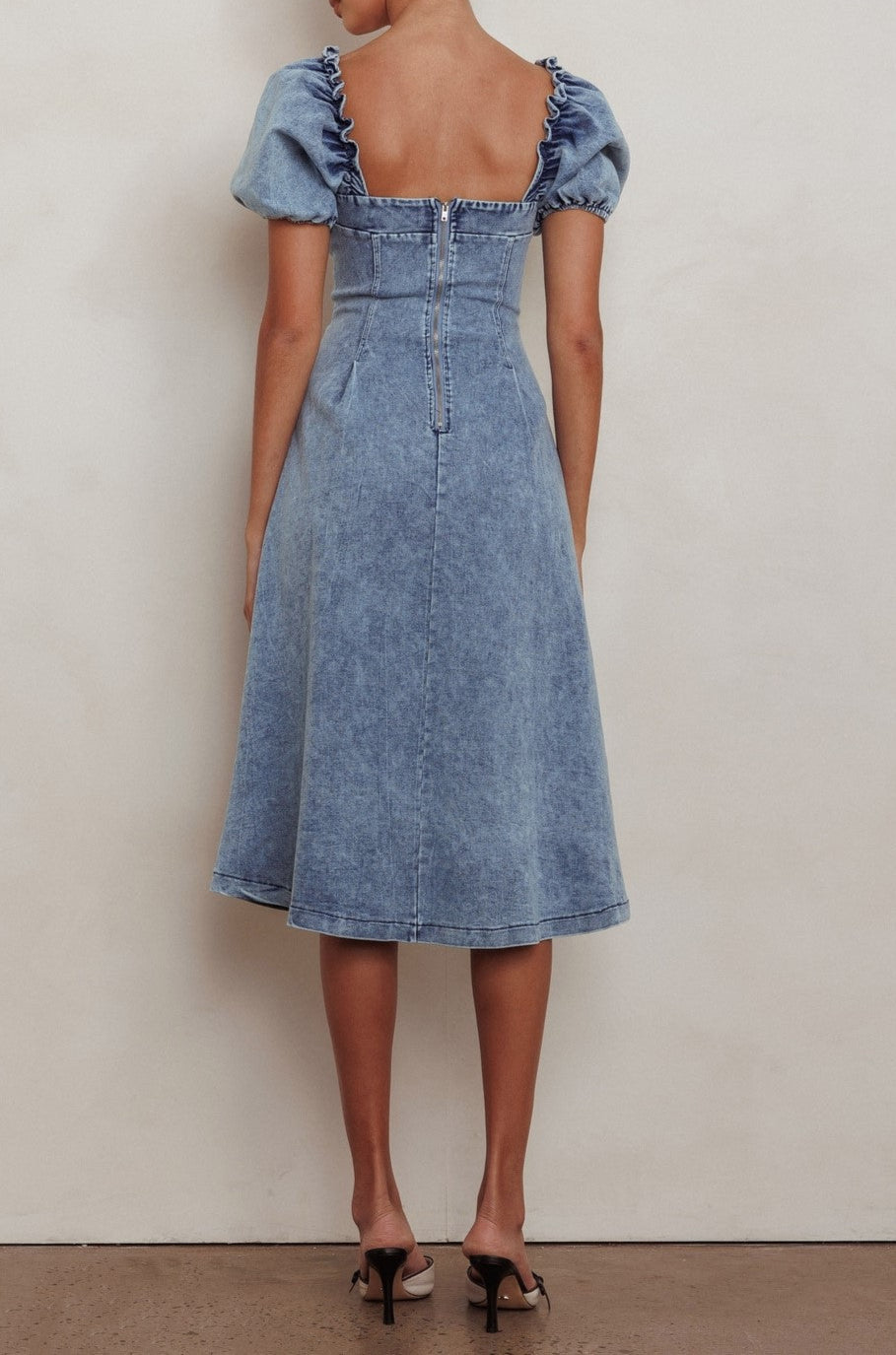 puff sleeve midi denim dress