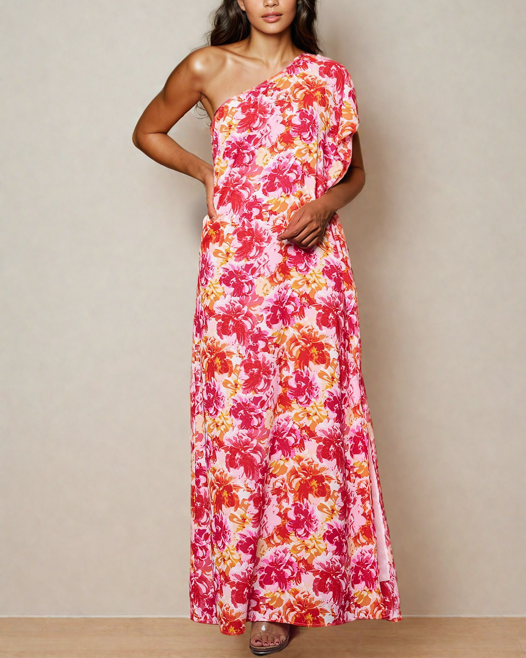 one shoulder floral maxi dress