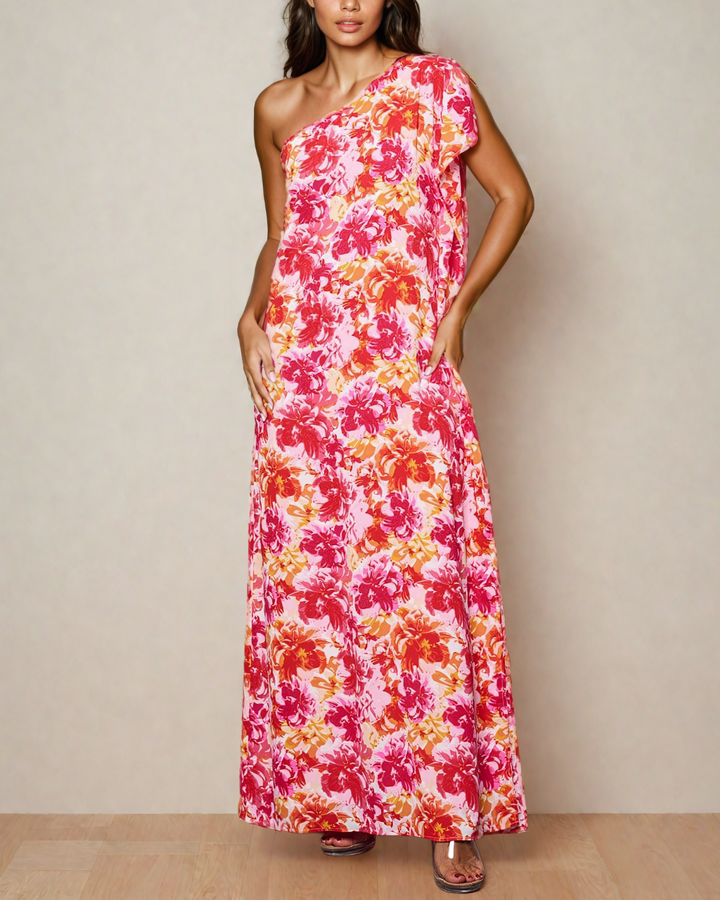 one shoulder floral maxi dress