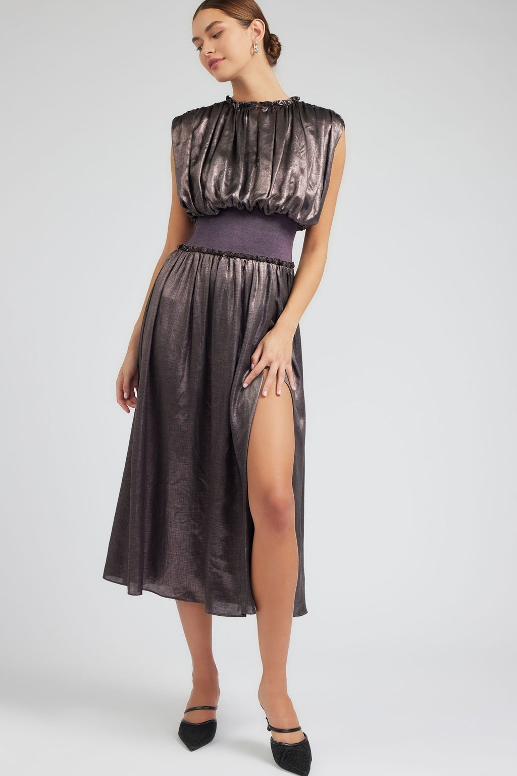 Athena Sleeveless Shirred Midi Dress