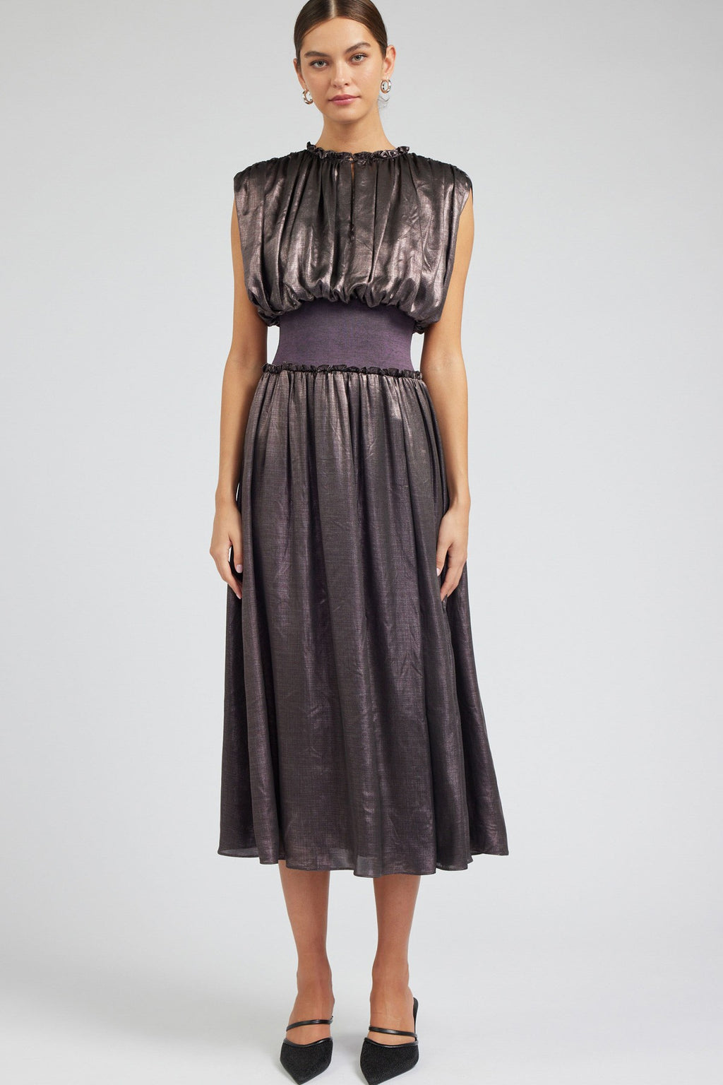 Athena Sleeveless Shirred Midi Dress