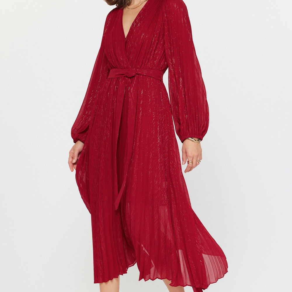 Auriele Pleated Surlice V-Neck Long Sleeve Dress