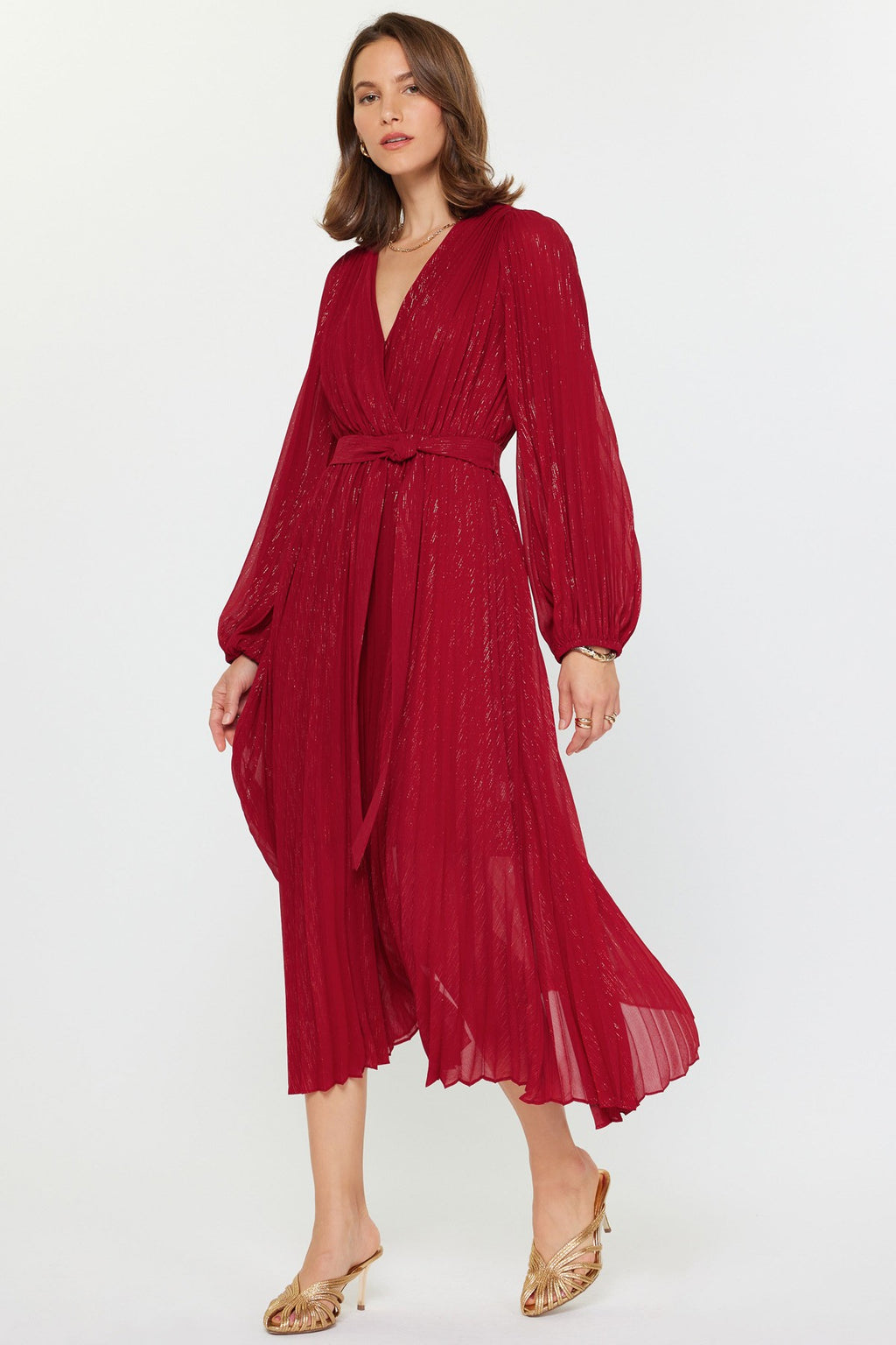 Auriele Pleated Surlice V-Neck Long Sleeve Dress