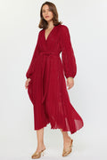Auriele Pleated Surlice V-Neck Long Sleeve Dress