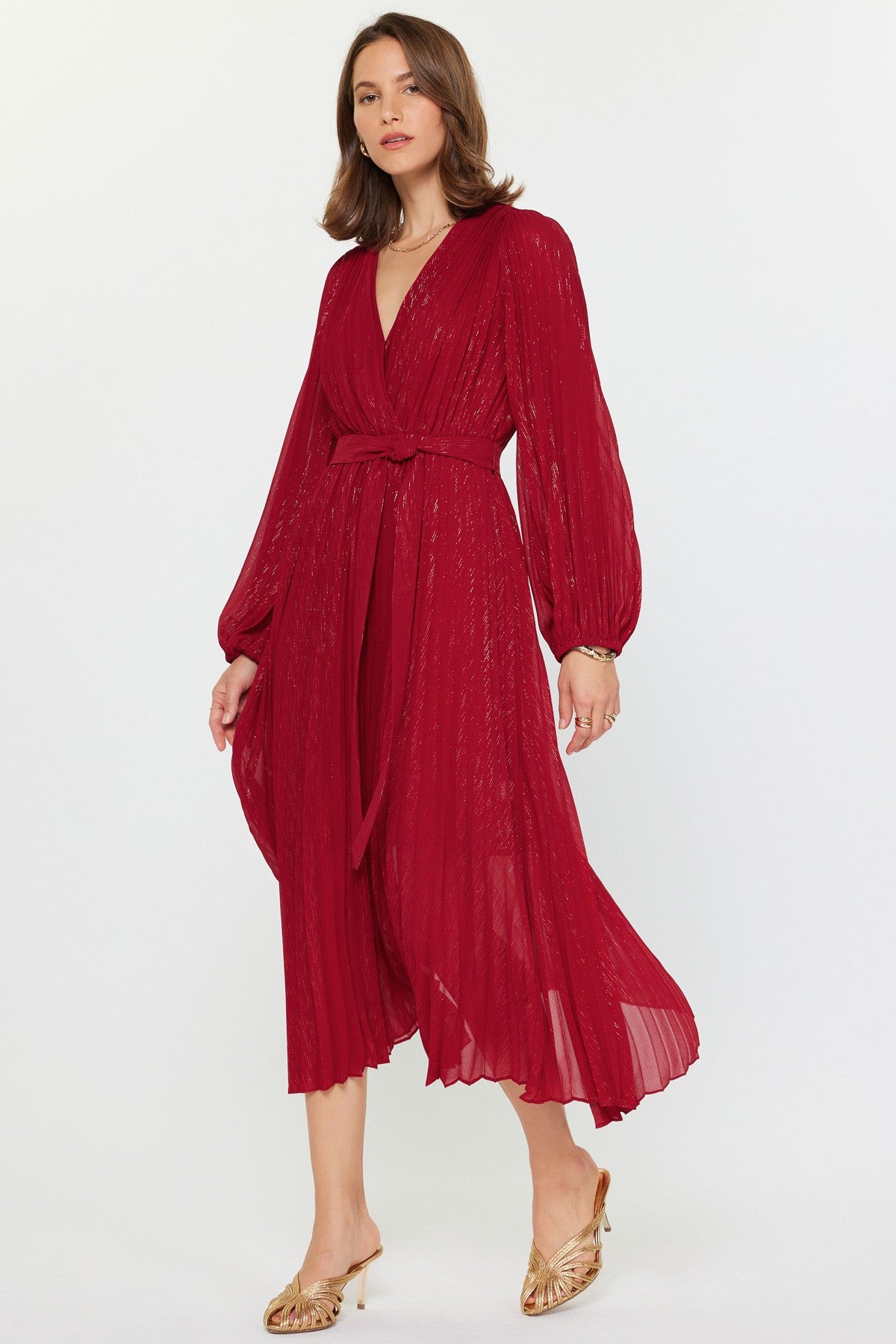 Auriele Pleated Surlice V-Neck Long Sleeve Dress