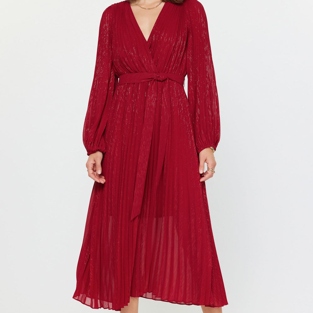 Auriele Pleated Surlice V-Neck Long Sleeve Dress