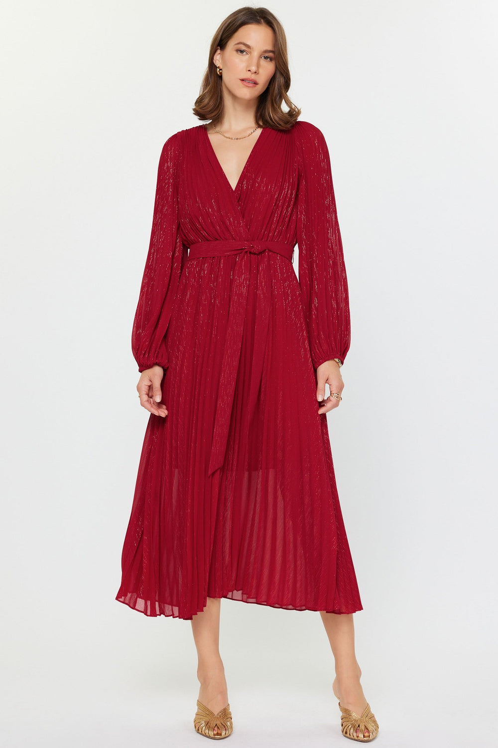 Auriele Pleated Surlice V-Neck Long Sleeve Dress
