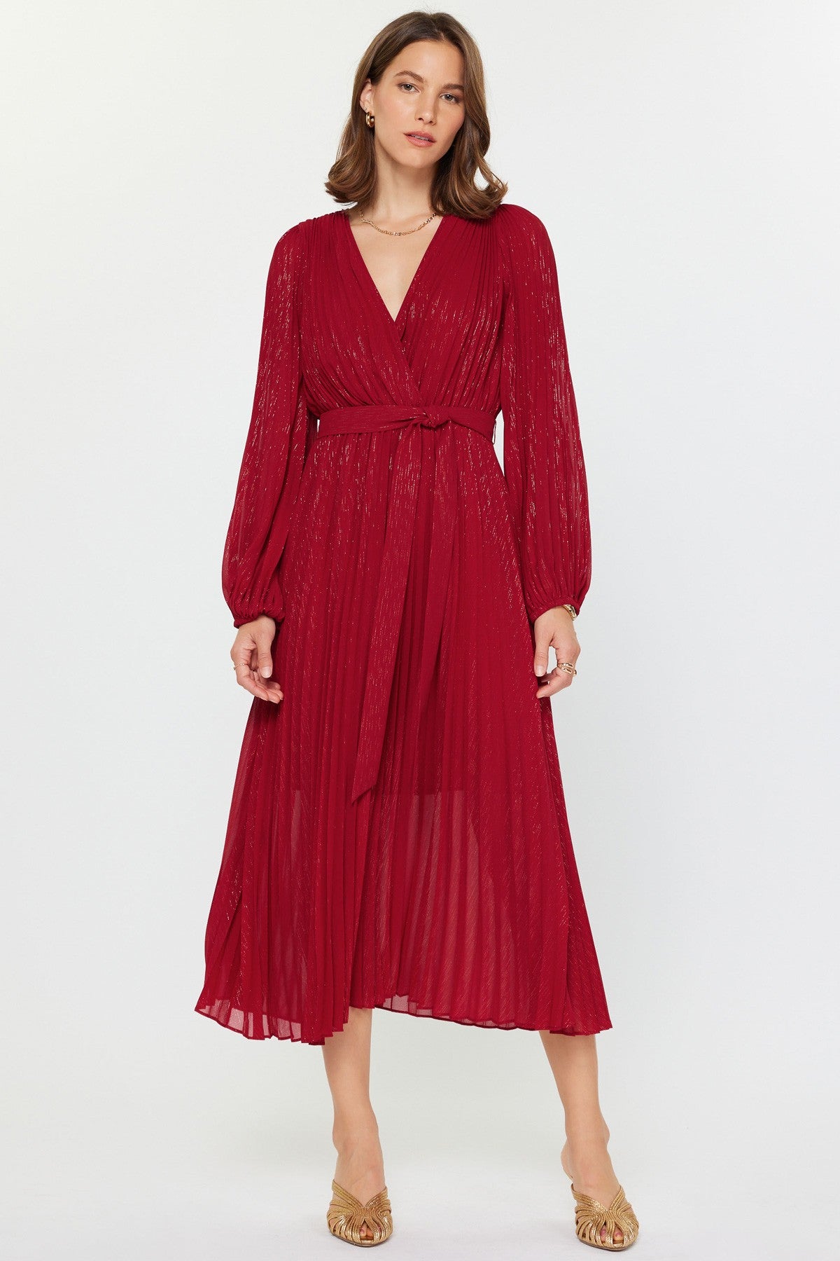 Auriele Pleated Surlice V-Neck Long Sleeve Dress