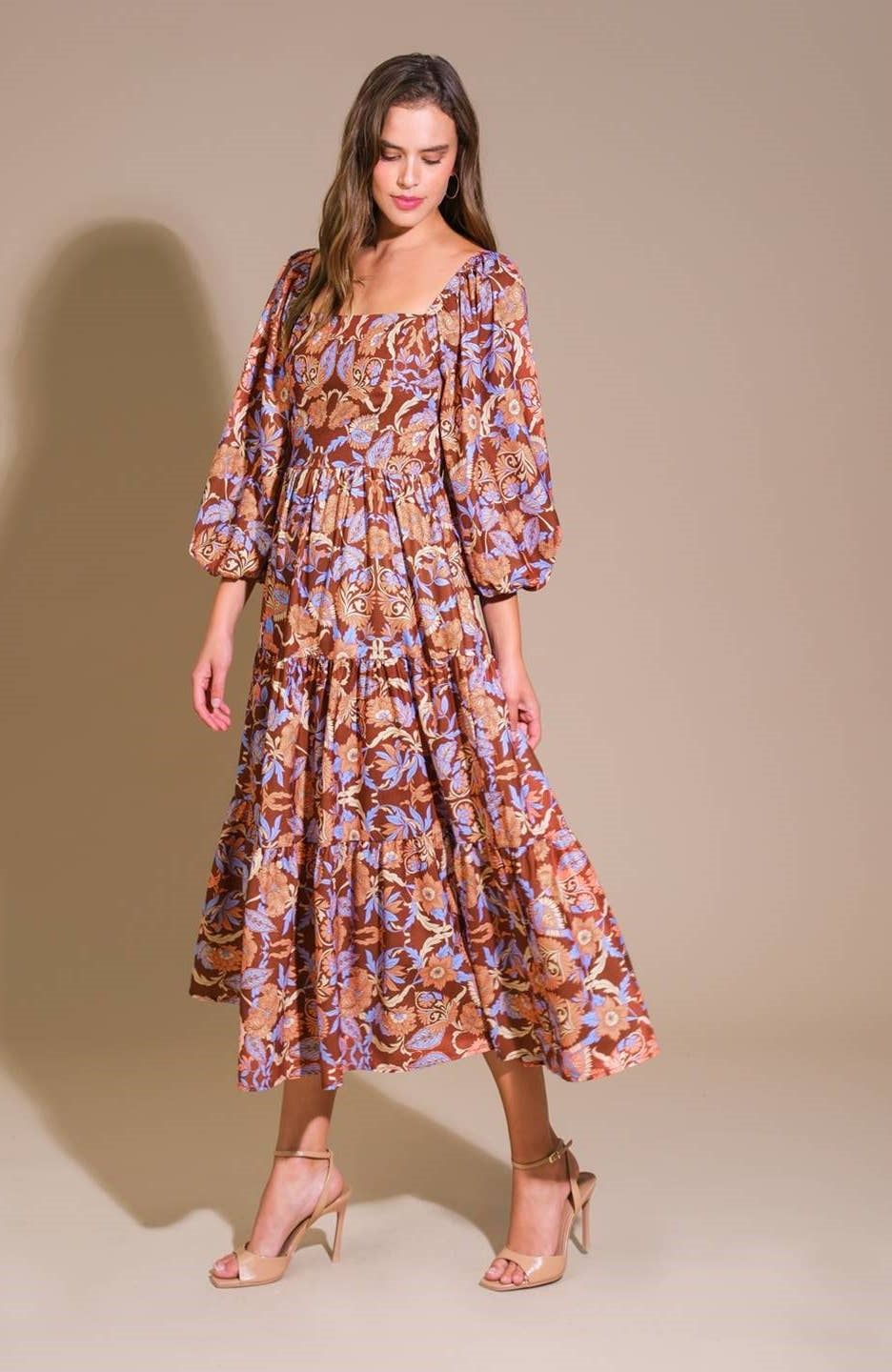 Brynn Printed Woven Midi Dress Brown / Small