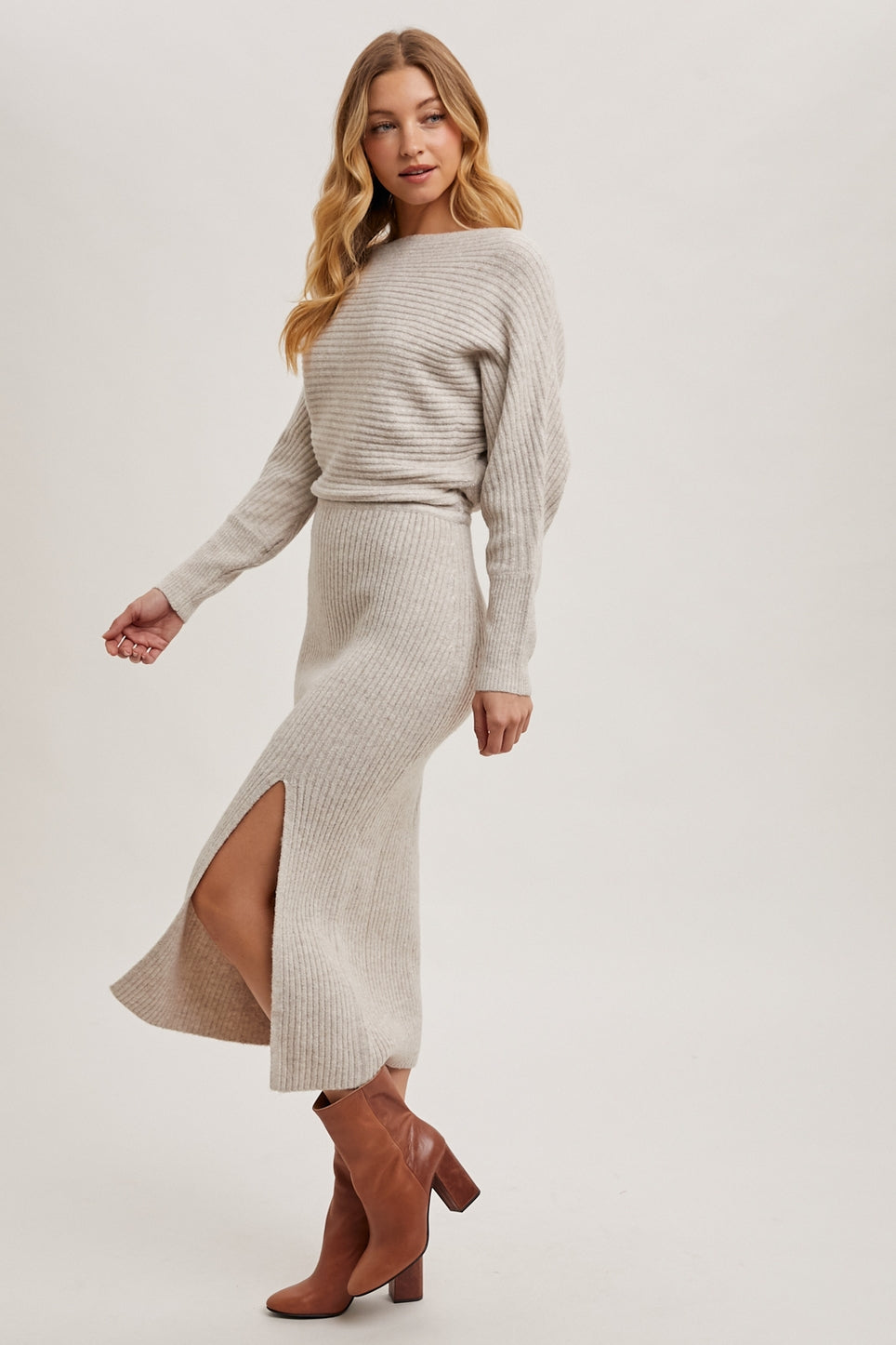 One Shoulder Off Side Slit Midi Knit Alta Sweater Dress