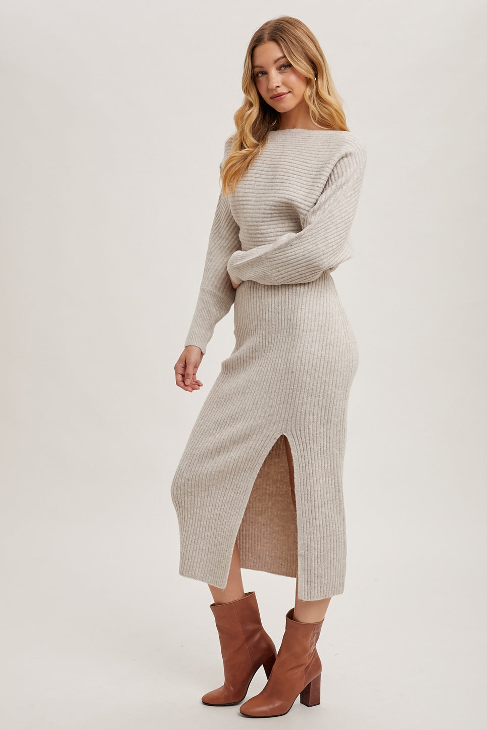 One Shoulder Off Side Slit Midi Knit Alta Sweater Dress