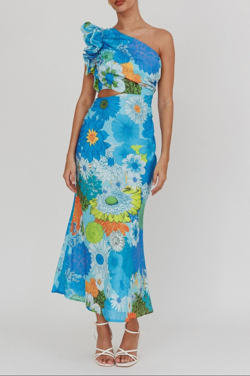 Carmen One-Shoulder Ruffle Floral Maxi Dress