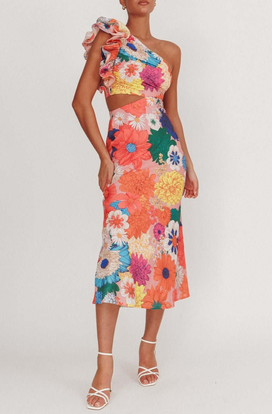 Carmen One-Shoulder Ruffle Floral Maxi Dress