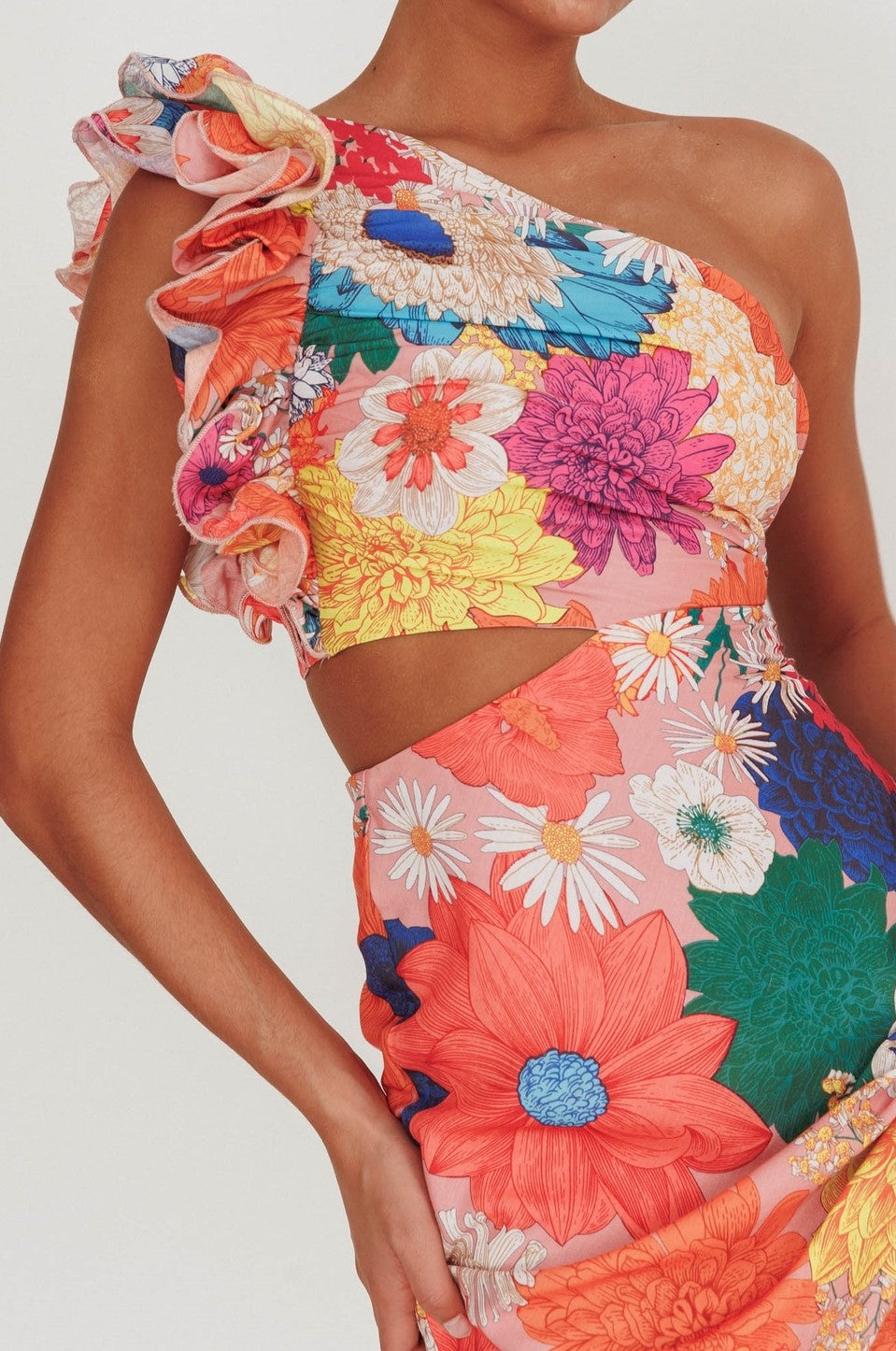 Carmen One-Shoulder Ruffle Floral Maxi Dress