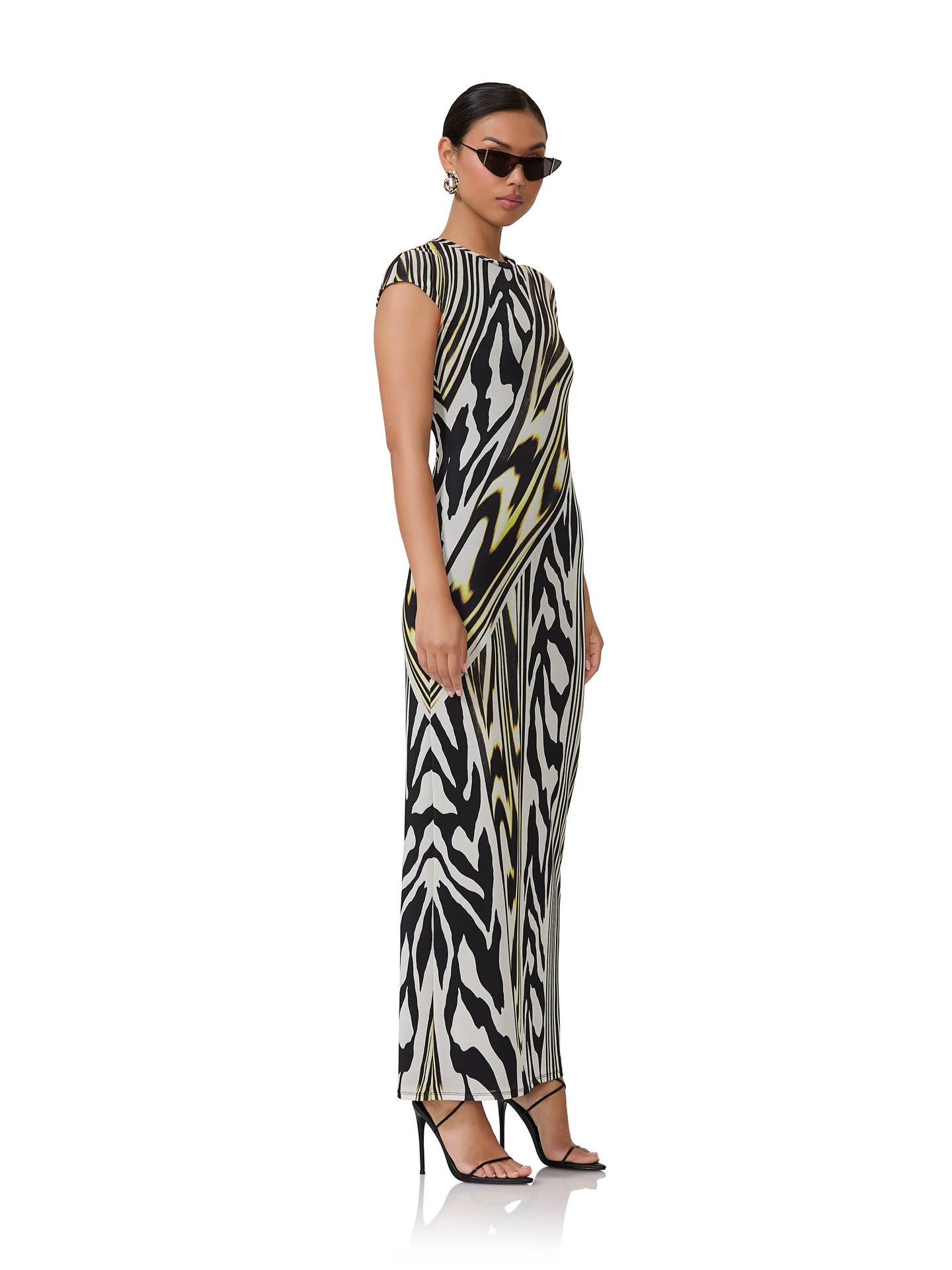 Cody Print Cap Sleeve Mesh Maxi Dress In Zebra Lime