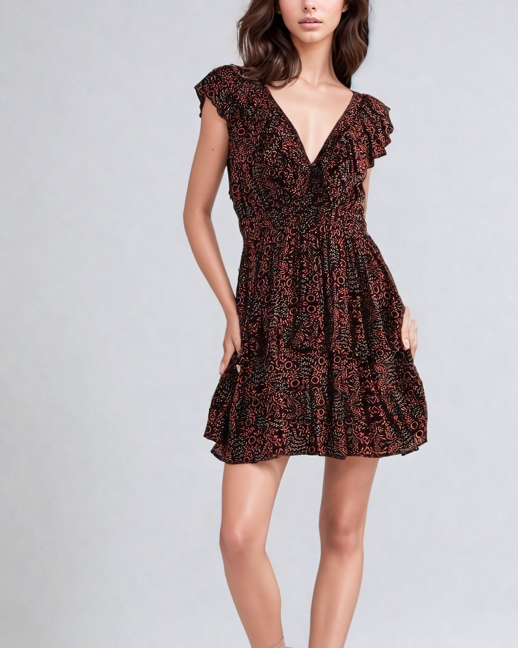 Crimson Ruffled V Neck Mini Dress