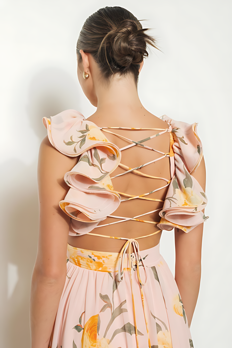 Destiny Floral Print Chiffon Ruffle Shoulder Maxi Dress