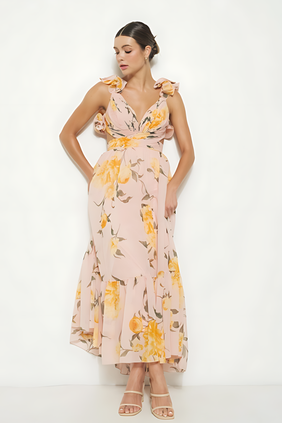Destiny Floral Print Chiffon Ruffle Shoulder Maxi Dress