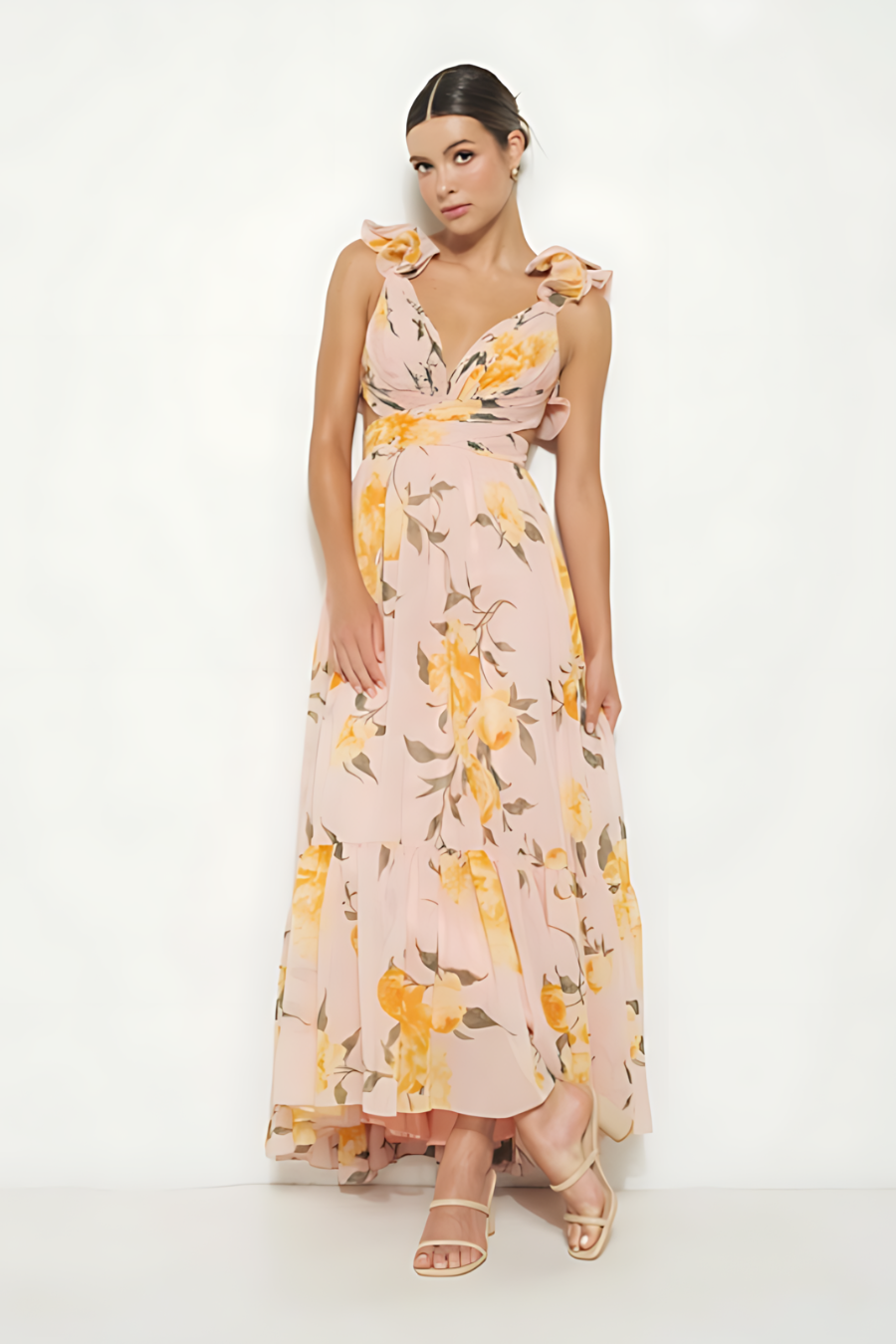 Destiny Floral Print Chiffon Ruffle Shoulder Maxi Dress