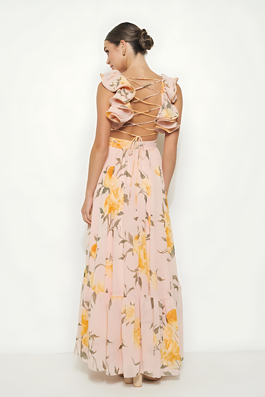 Destiny Floral Print Chiffon Ruffle Shoulder Maxi Dress