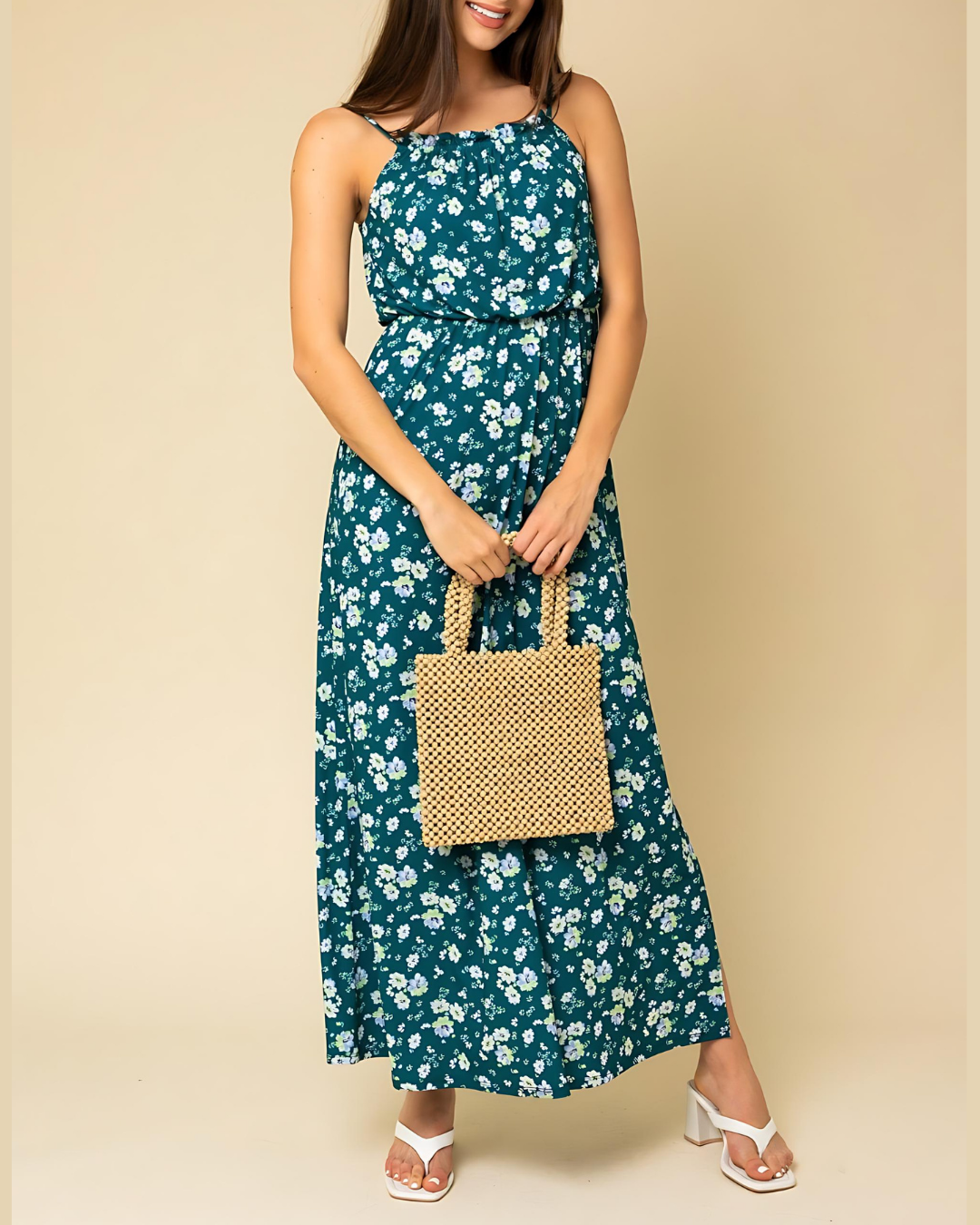 Emerald Bloom Maxi Dress with Side Split