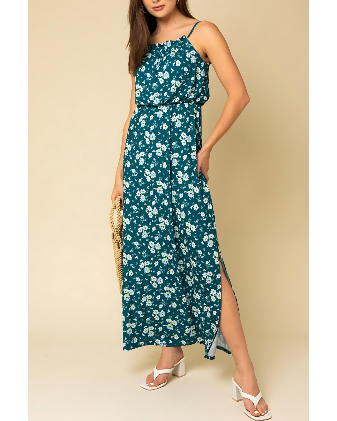 Emerald Bloom Maxi Dress with Side Split