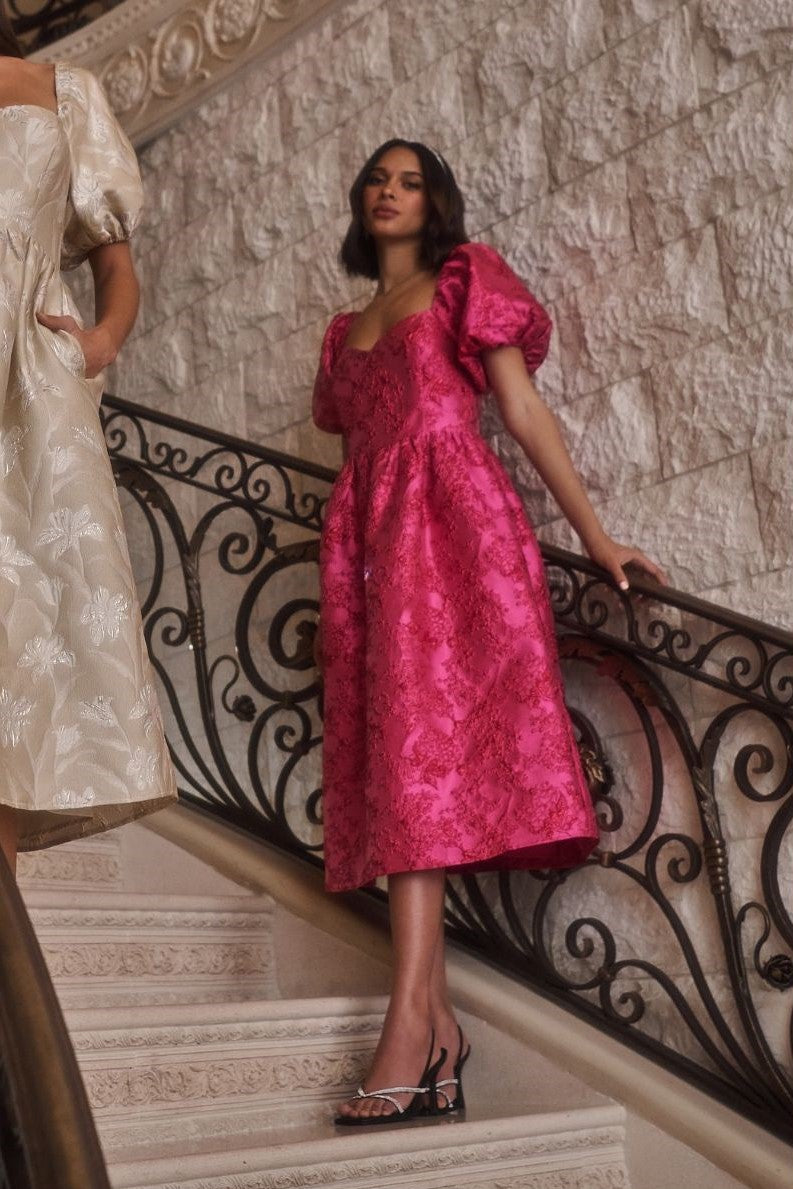 Emilia Jacquard Puff Sleeve Midi Dress