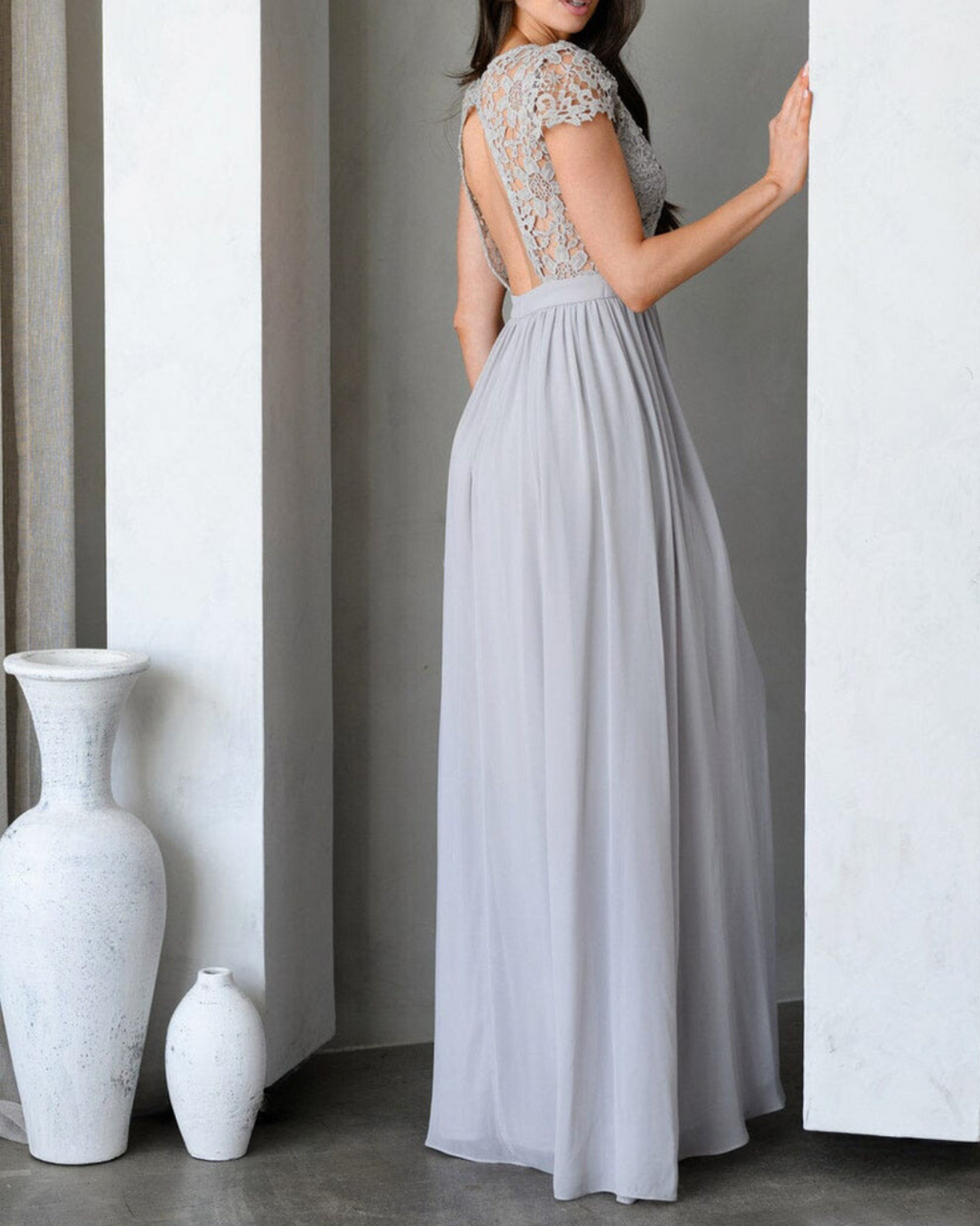 Enchanted Evening Grey Lace Maxi Dress