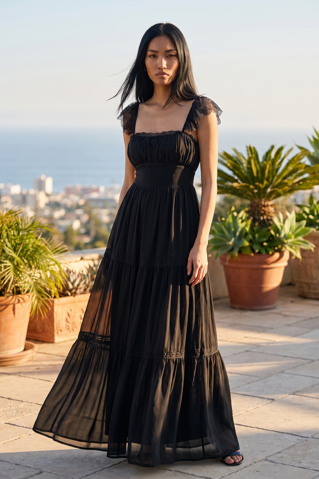 Estella Lace-Trim Open Maxi Dress