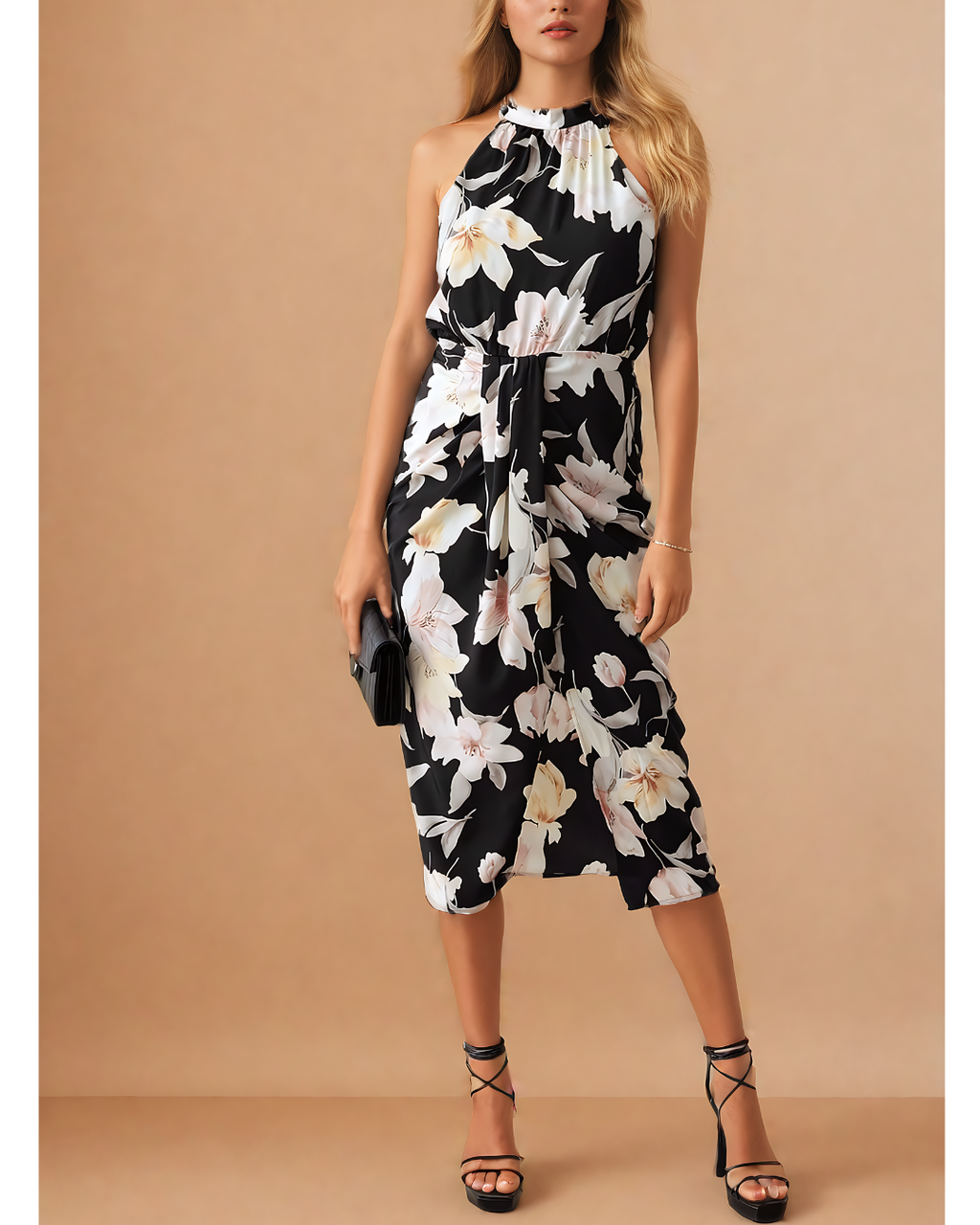 Floral Elegance Halter Neck Midi Dress