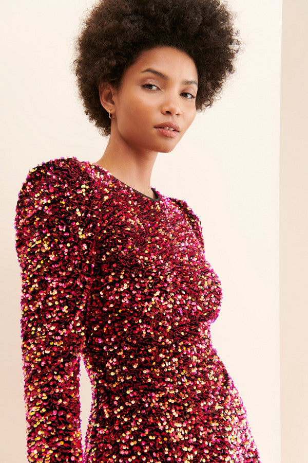 Gale Velvet Sequins Puff Sleeve Mini Dress