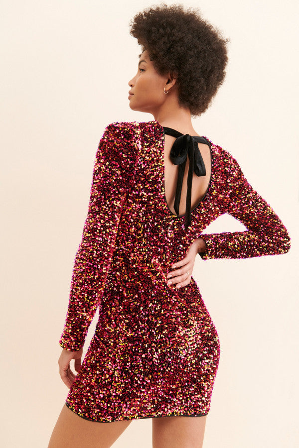 Gale Velvet Sequins Puff Sleeve Mini Dress