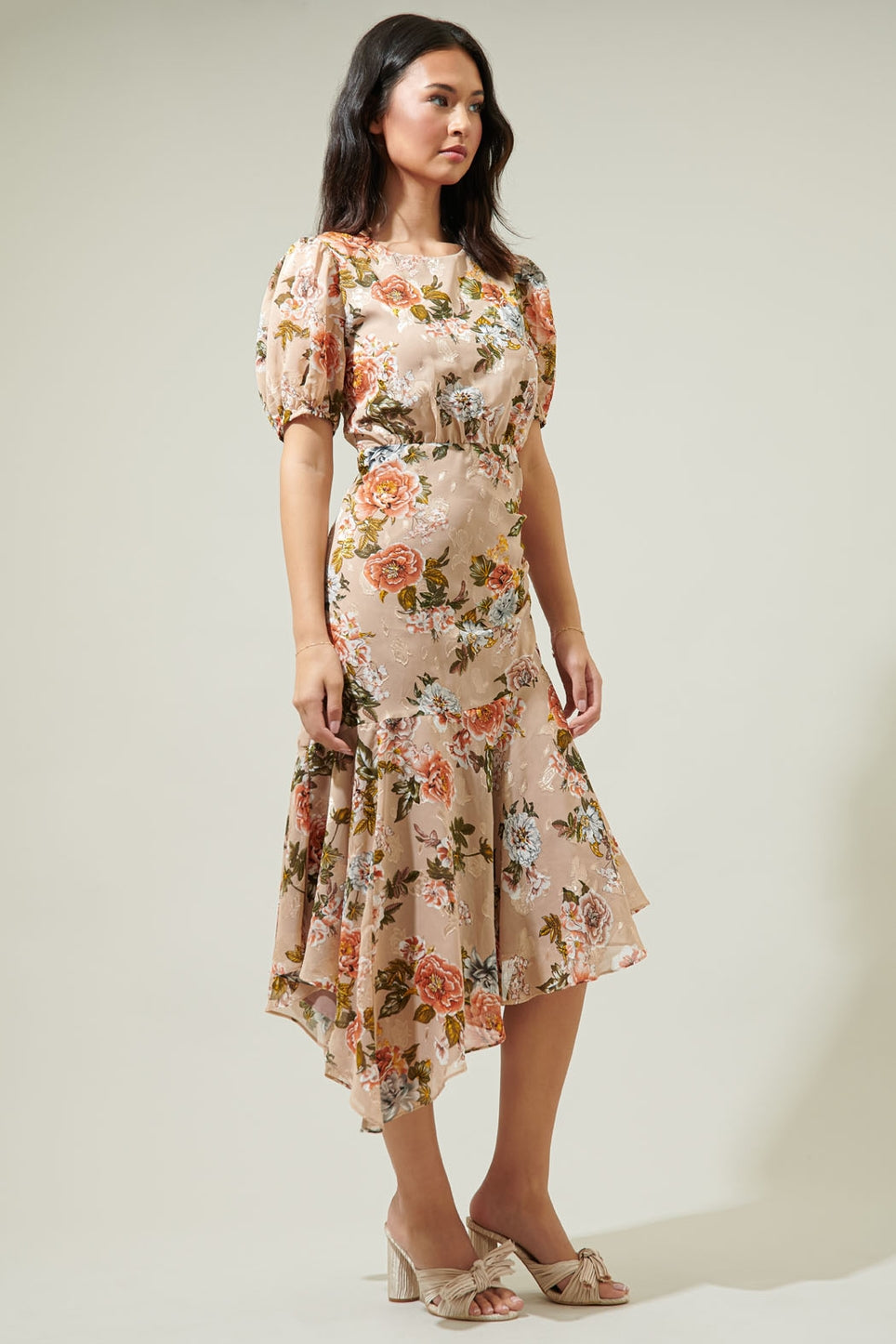 Harbin Floral Balboa Asymmetrical Midi Dress