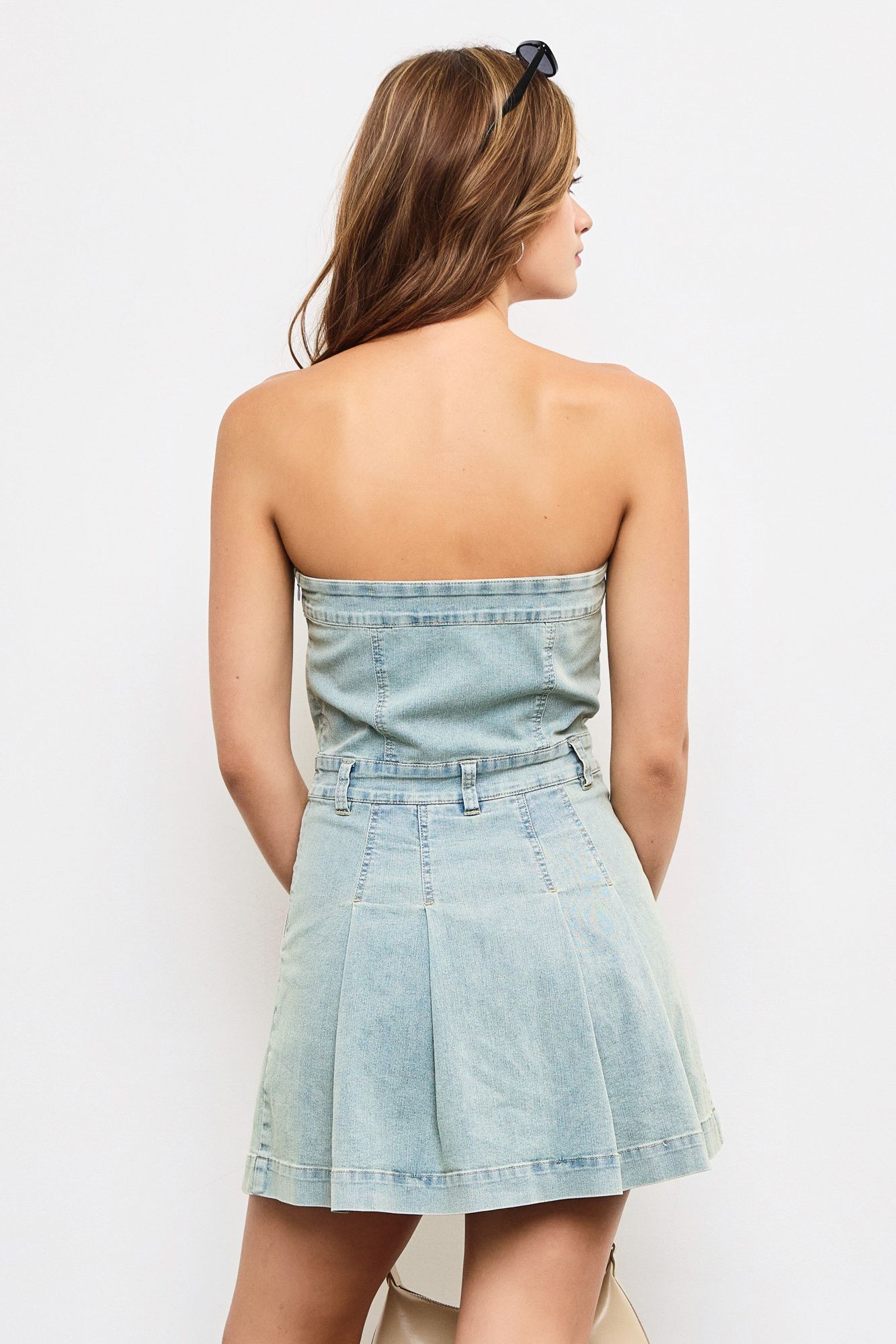 Jules Strapless Pleated Denim Dress