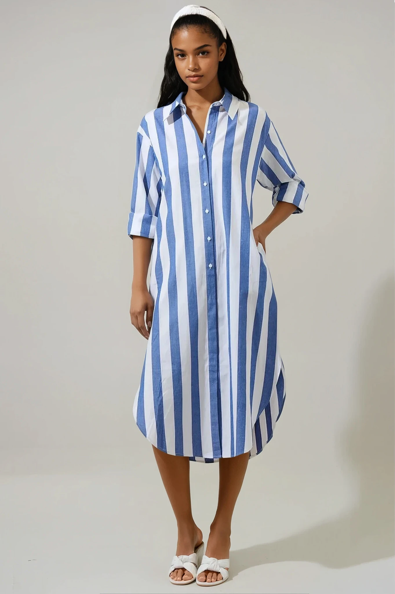midi striped shirt dress Stripe Cotton Top Stitch Woven line dress in a midi silhouette featuring a classic collar Whistles Alex Stripe Shirt Dress