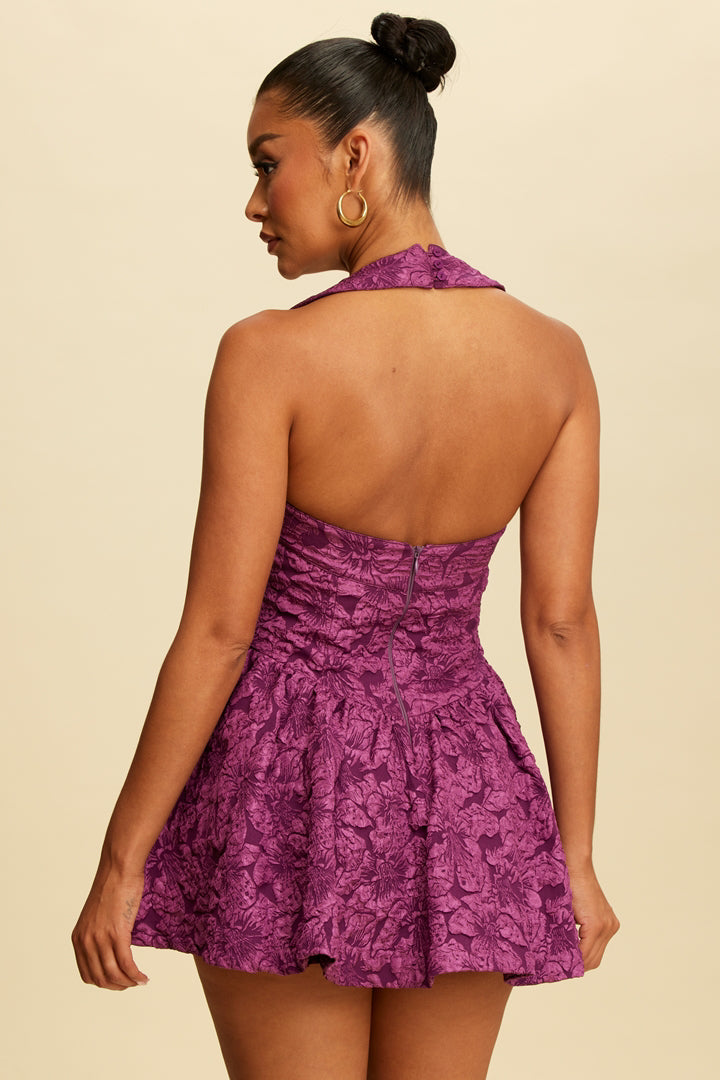 Keely Floral Jacquard Halter Mini Dress