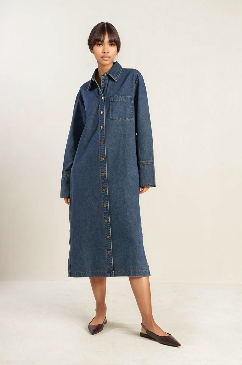 women belted denim midi dress