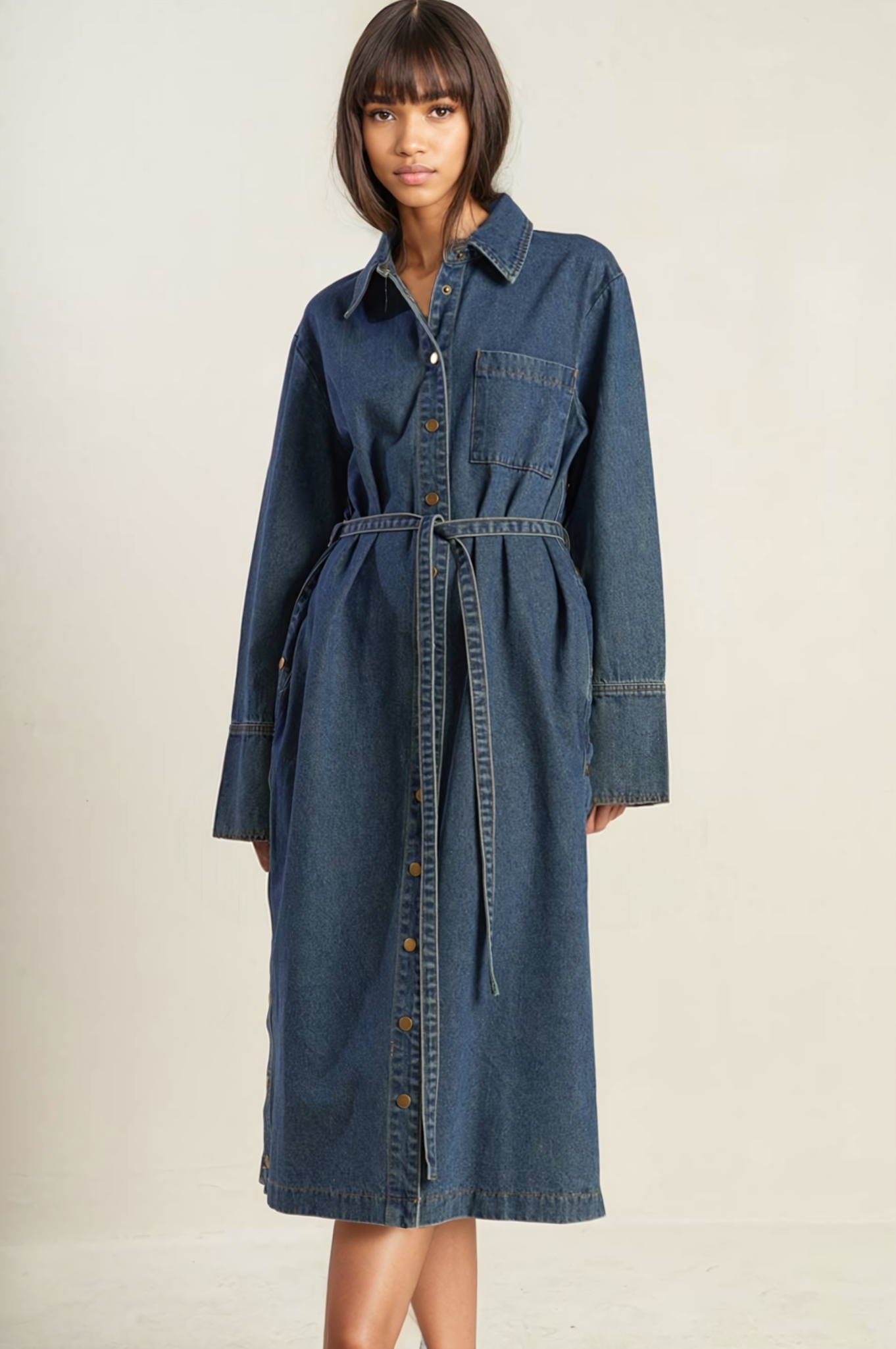 Kelsie Belted Denim Shirtdress Denim / Large